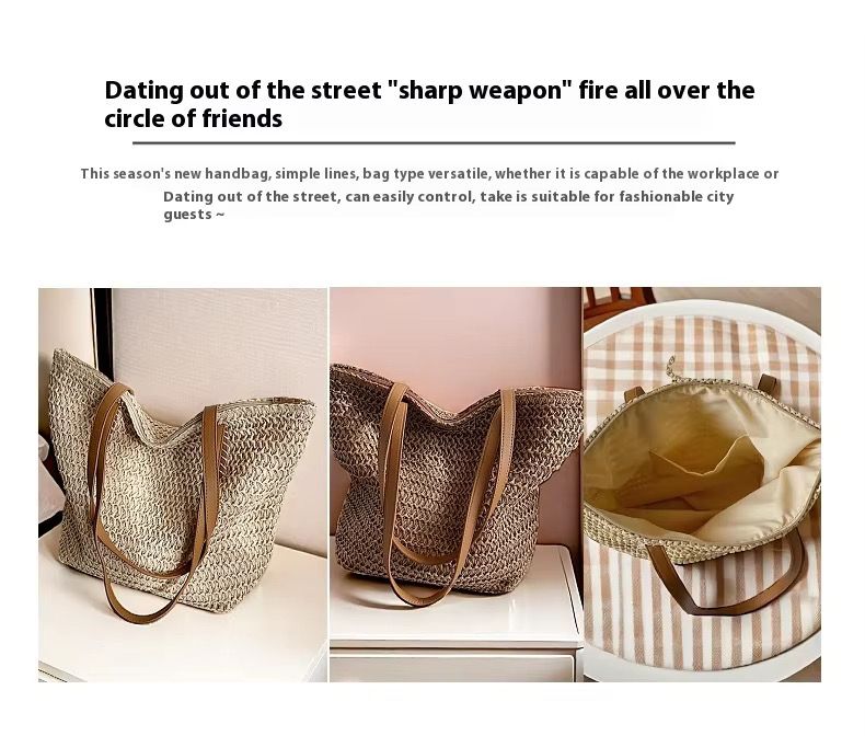 Casual Summer French Style Large Capacity Beach Bag Woven Shoulder Tote Bag Polyester Reusable Handbag for Women Beach Bag