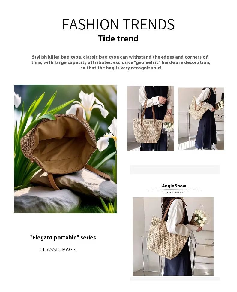 Casual Summer French Style Large Capacity Beach Bag Woven Shoulder Tote Bag Polyester Reusable Handbag for Women Beach Bag