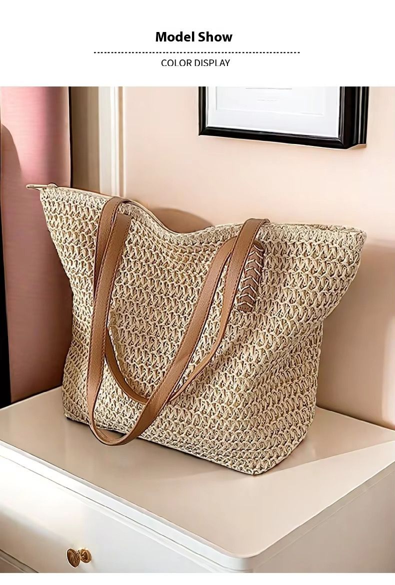 Casual Summer French Style Large Capacity Beach Bag Woven Shoulder Tote Bag Polyester Reusable Handbag for Women Beach Bag