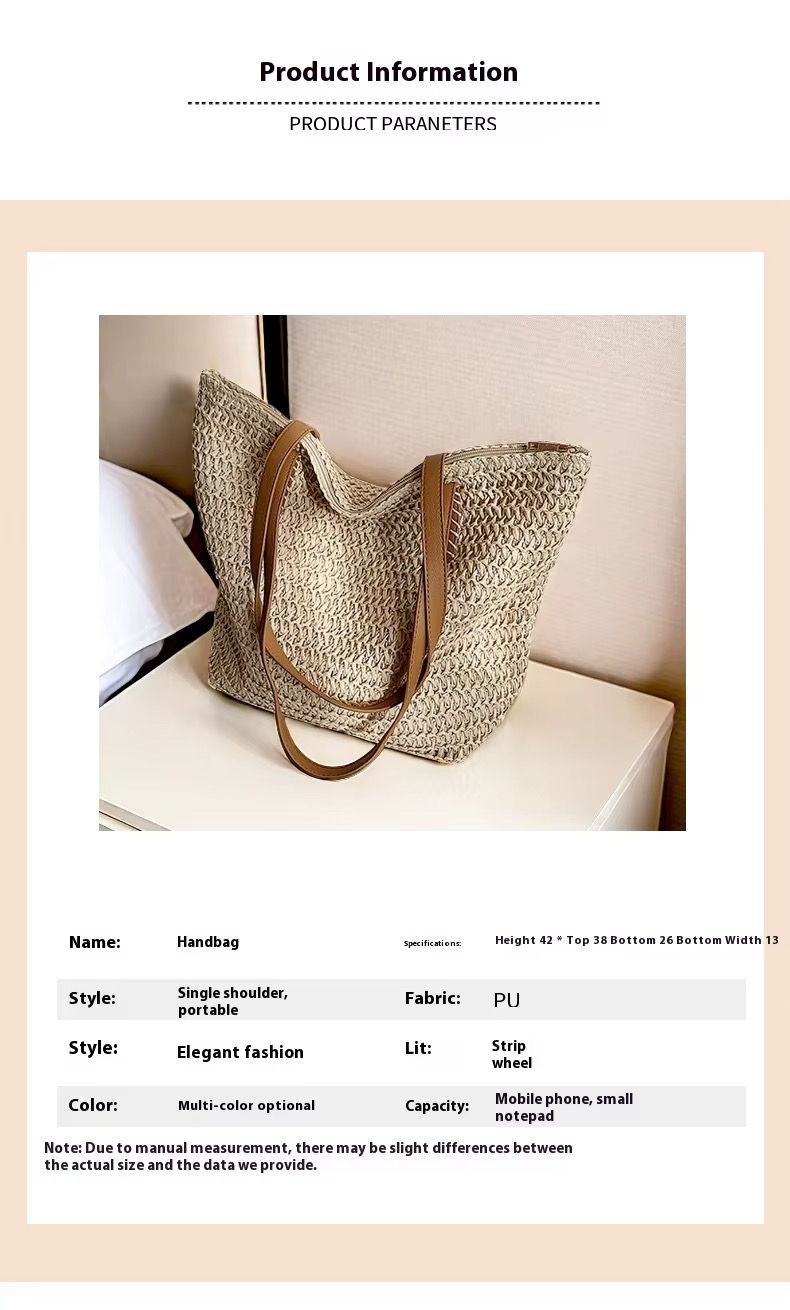 Casual Summer French Style Large Capacity Beach Bag Woven Shoulder Tote Bag Polyester Reusable Handbag for Women Beach Bag