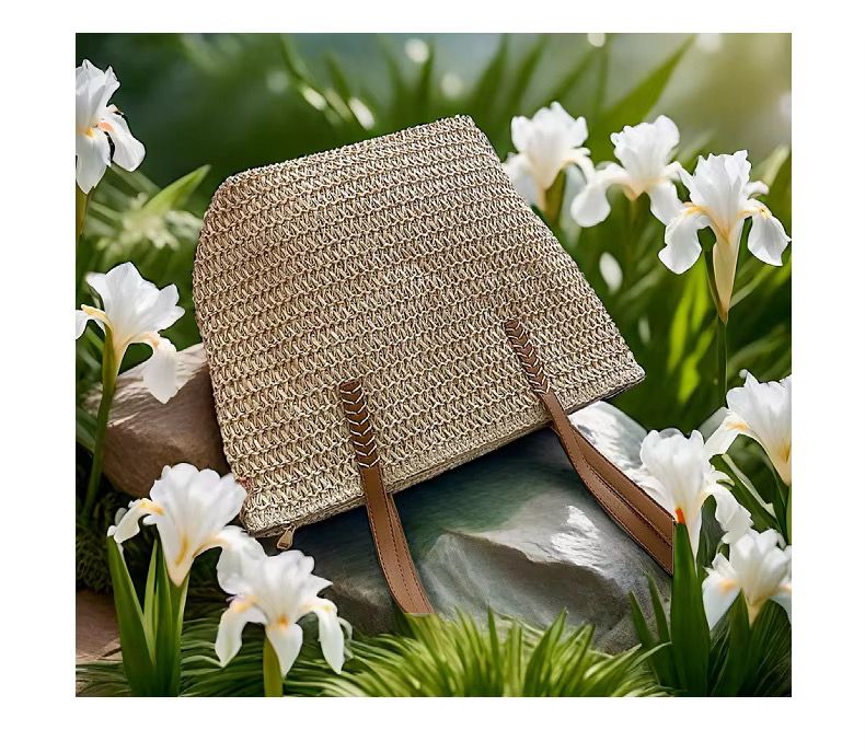Casual Summer French Style Large Capacity Beach Bag Woven Shoulder Tote Bag Polyester Reusable Handbag for Women Beach Bag