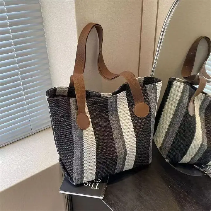 Wholesale Good Quality Durable Women Shopping Tote Bags Design Printed Striped Canvas Two Zipper for Daily Use Girls Shoulder