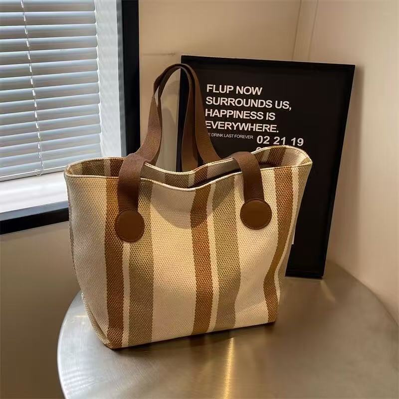 Wholesale Good Quality Durable Women Shopping Tote Bags Design Printed Striped Canvas Two Zipper for Daily Use Girls Shoulder