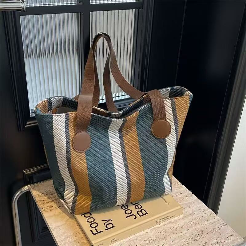 Wholesale Good Quality Durable Women Shopping Tote Bags Design Printed Striped Canvas Two Zipper for Daily Use Girls Shoulder