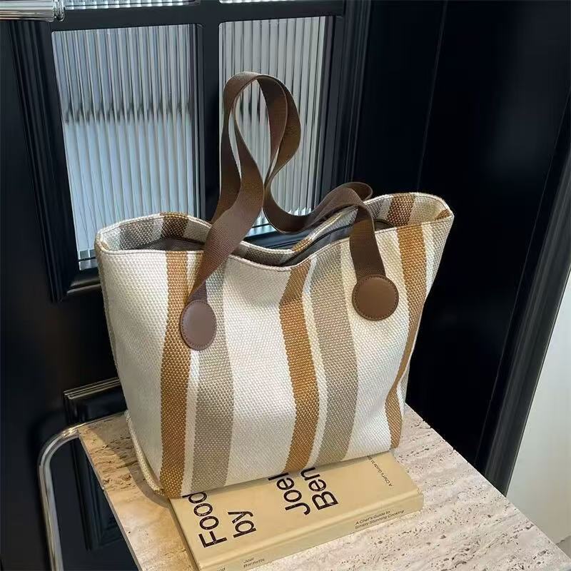Wholesale Good Quality Durable Women Shopping Tote Bags Design Printed Striped Canvas Two Zipper for Daily Use Girls Shoulder