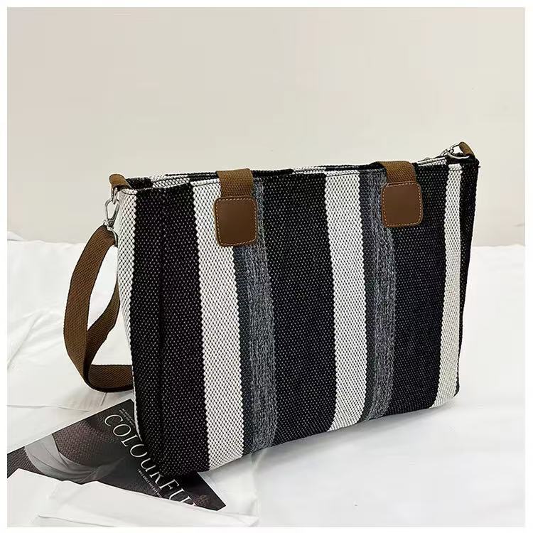 Wholesale Good Quality Durable Women Shopping Tote Bags Design Printed Striped Canvas Two Zipper for Daily Use Girls Shoulder