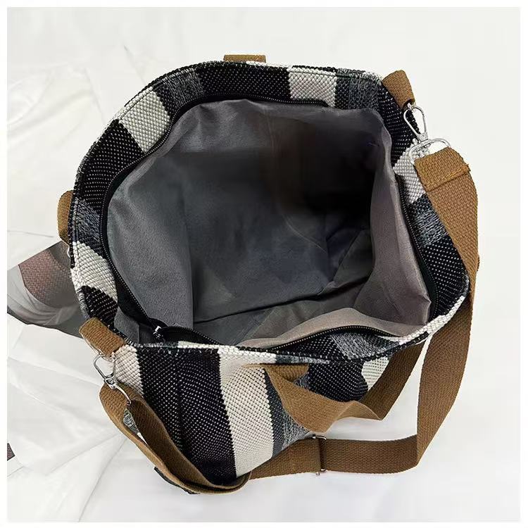 Wholesale Good Quality Durable Women Shopping Tote Bags Design Printed Striped Canvas Two Zipper for Daily Use Girls Shoulder