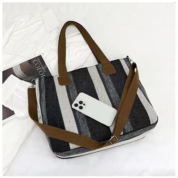 Wholesale Good Quality Durable Women Shopping Tote Bags Design Printed Striped Canvas Two Zipper for Daily Use Girls Shoulder