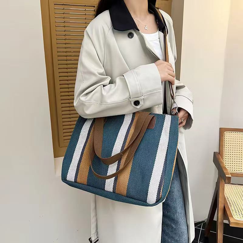 Wholesale Good Quality Durable Women Shopping Tote Bags Design Printed Striped Canvas Two Zipper for Daily Use Girls Shoulder