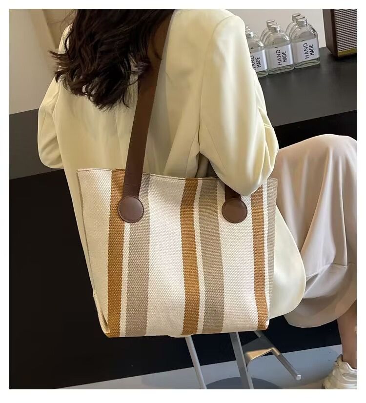Wholesale Good Quality Durable Women Shopping Tote Bags Design Printed Striped Canvas Two Zipper for Daily Use Girls Shoulder