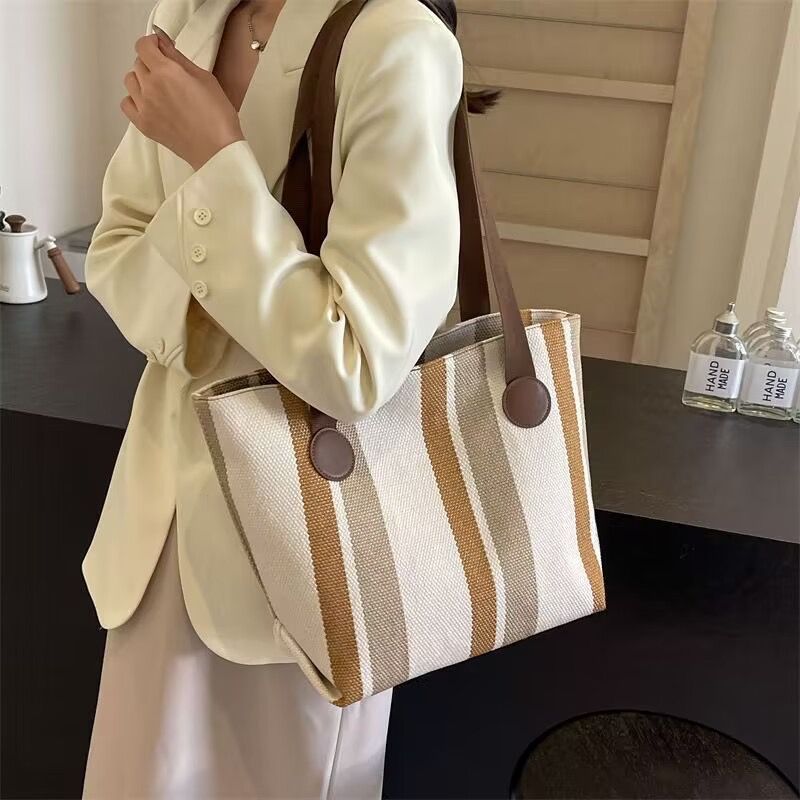 Wholesale Good Quality Durable Women Shopping Tote Bags Design Printed Striped Canvas Two Zipper for Daily Use Girls Shoulder