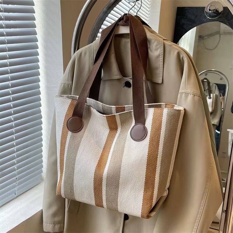 Wholesale Good Quality Durable Women Shopping Tote Bags Design Printed Striped Canvas Two Zipper for Daily Use Girls Shoulder