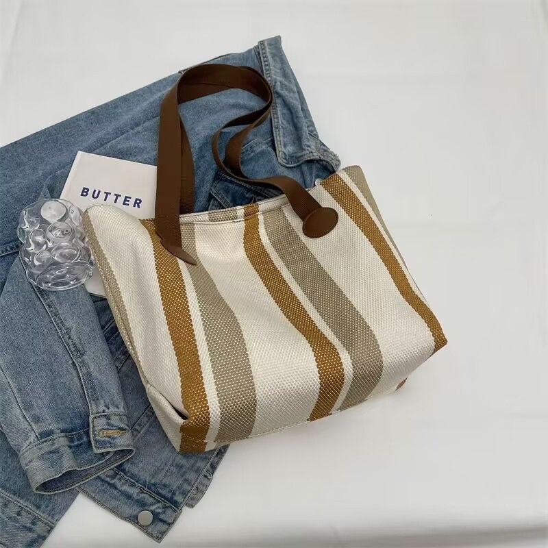 Wholesale Good Quality Durable Women Shopping Tote Bags Design Printed Striped Canvas Two Zipper for Daily Use Girls Shoulder