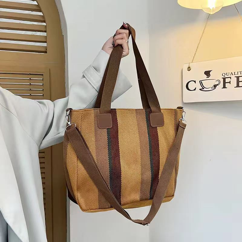 Wholesale Good Quality Durable Women Shopping Tote Bags Design Printed Striped Canvas Two Zipper for Daily Use Girls Shoulder