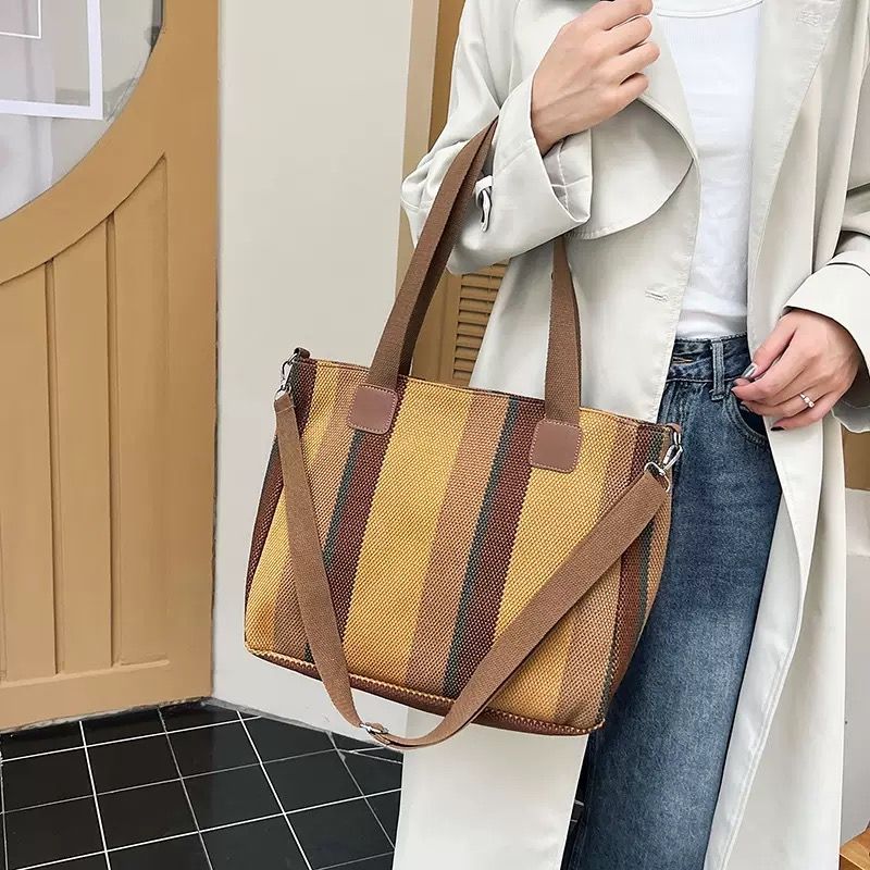 Wholesale Good Quality Durable Women Shopping Tote Bags Design Printed Striped Canvas Two Zipper for Daily Use Girls Shoulder