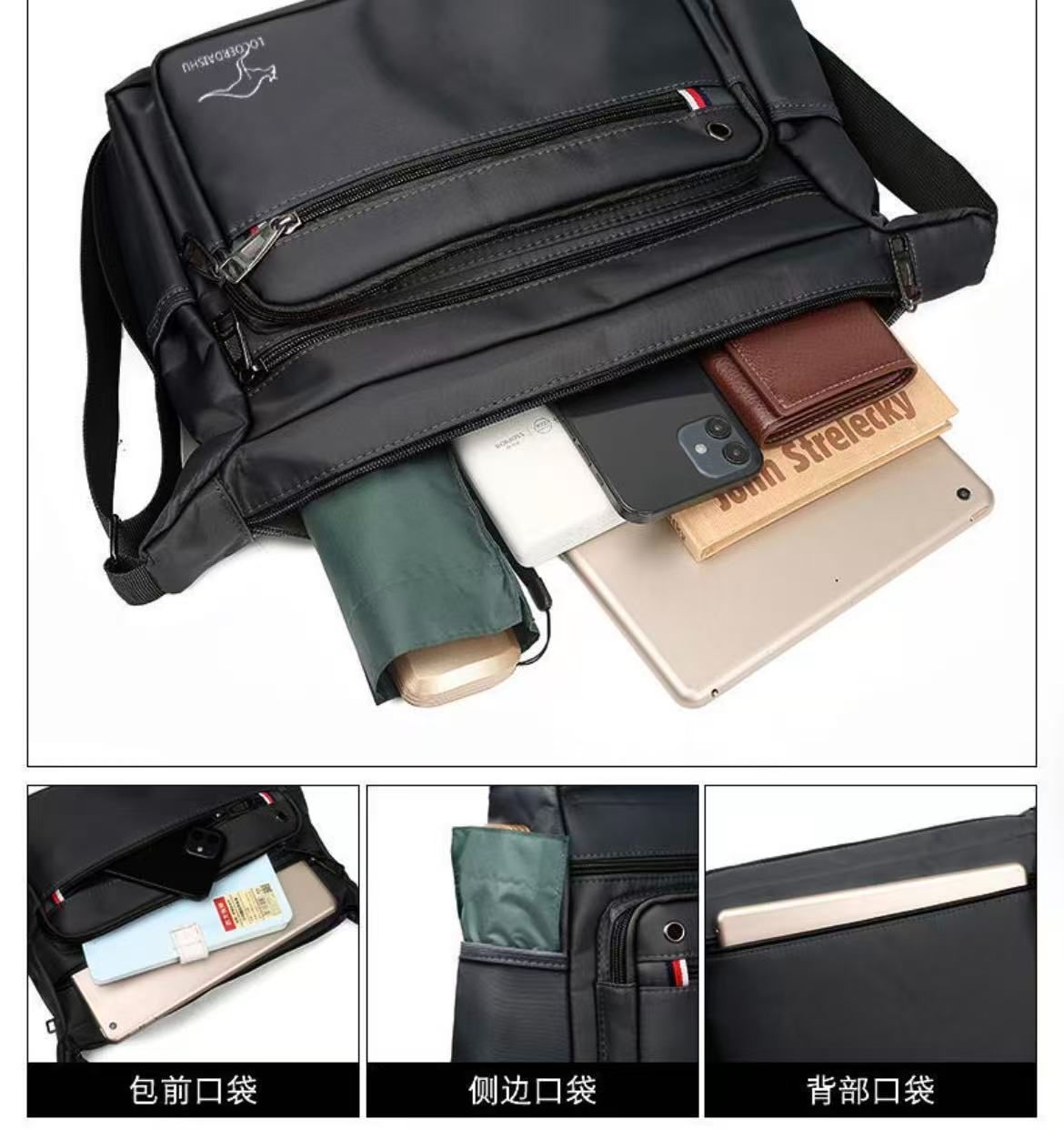 Men's Canvas Crossbody Bag Multi Layer Large Capacity Shoulder Bag For Everyday Travel Casual Use Solid Color