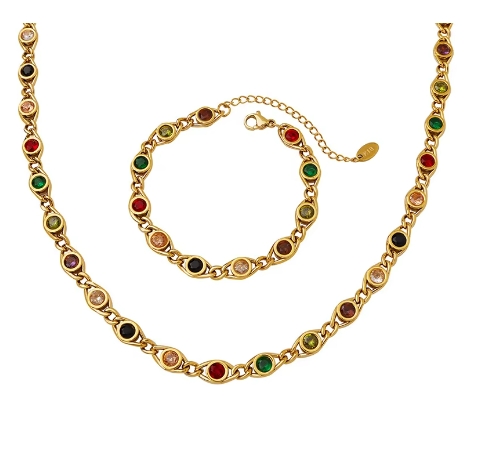 Fashion Colorful Zircon Necklace Bracelet Fashion Niche Fish Eye Stitch Chain Jewelry Set Accessories