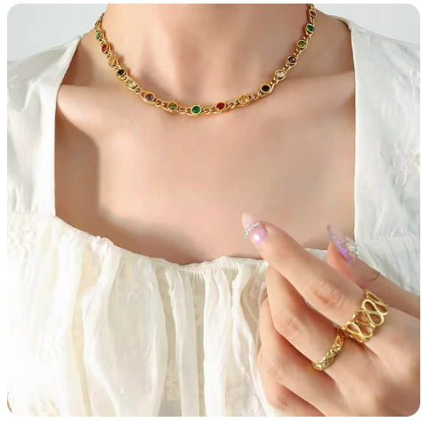 Fashion Colorful Zircon Necklace Bracelet Fashion Niche Fish Eye Stitch Chain Jewelry Set Accessories