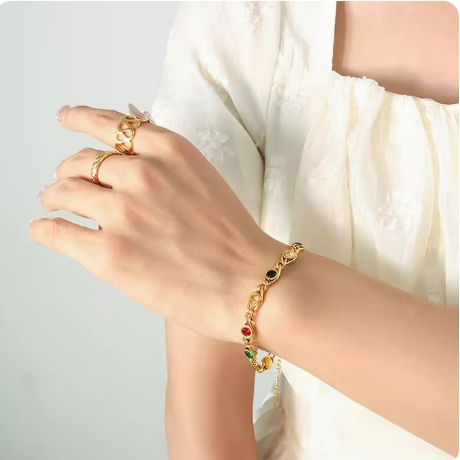 Fashion Colorful Zircon Necklace Bracelet Fashion Niche Fish Eye Stitch Chain Jewelry Set Accessories