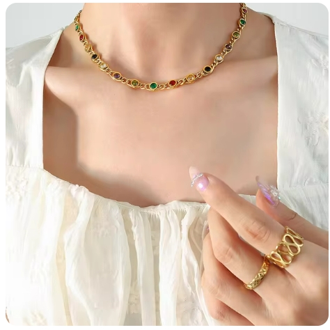 Fashion Colorful Zircon Necklace Bracelet Fashion Niche Fish Eye Stitch Chain Jewelry Set Accessories
