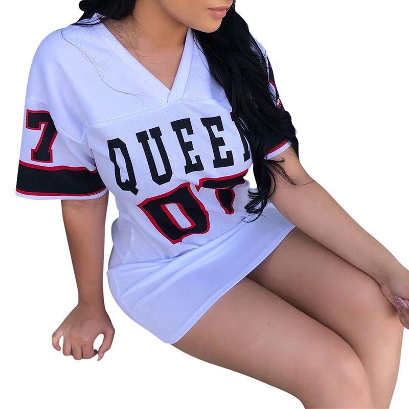 2024 New Fashion V-Neck Queen Letters Print Dress Short Sleeve Basketball Sporty Style  Loose Female Clothing Streetwear