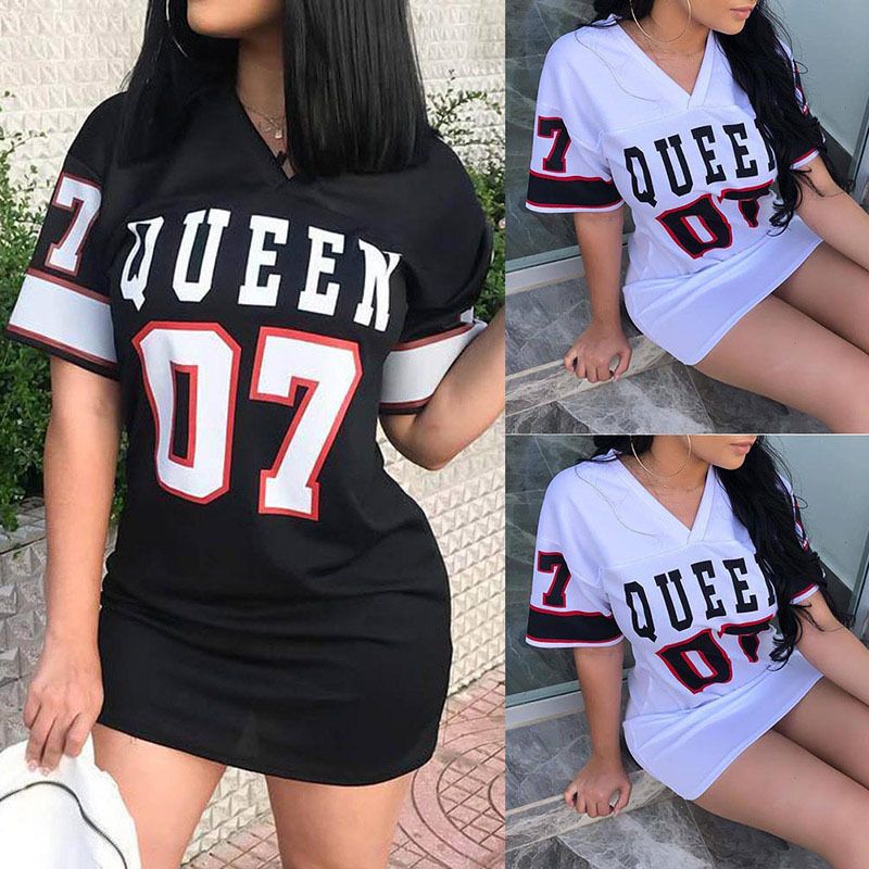 2024 New Fashion V-Neck Queen Letters Print Dress Short Sleeve Basketball Sporty Style  Loose Female Clothing Streetwear