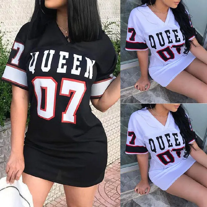 2024 New Fashion V-Neck Queen Letters Print Dress Short Sleeve Basketball Sporty Style  Loose Female Clothing Streetwear