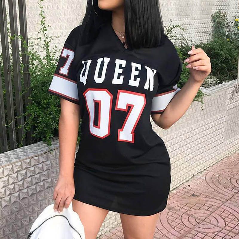 2024 New Fashion V-Neck Queen Letters Print Dress Short Sleeve Basketball Sporty Style  Loose Female Clothing Streetwear