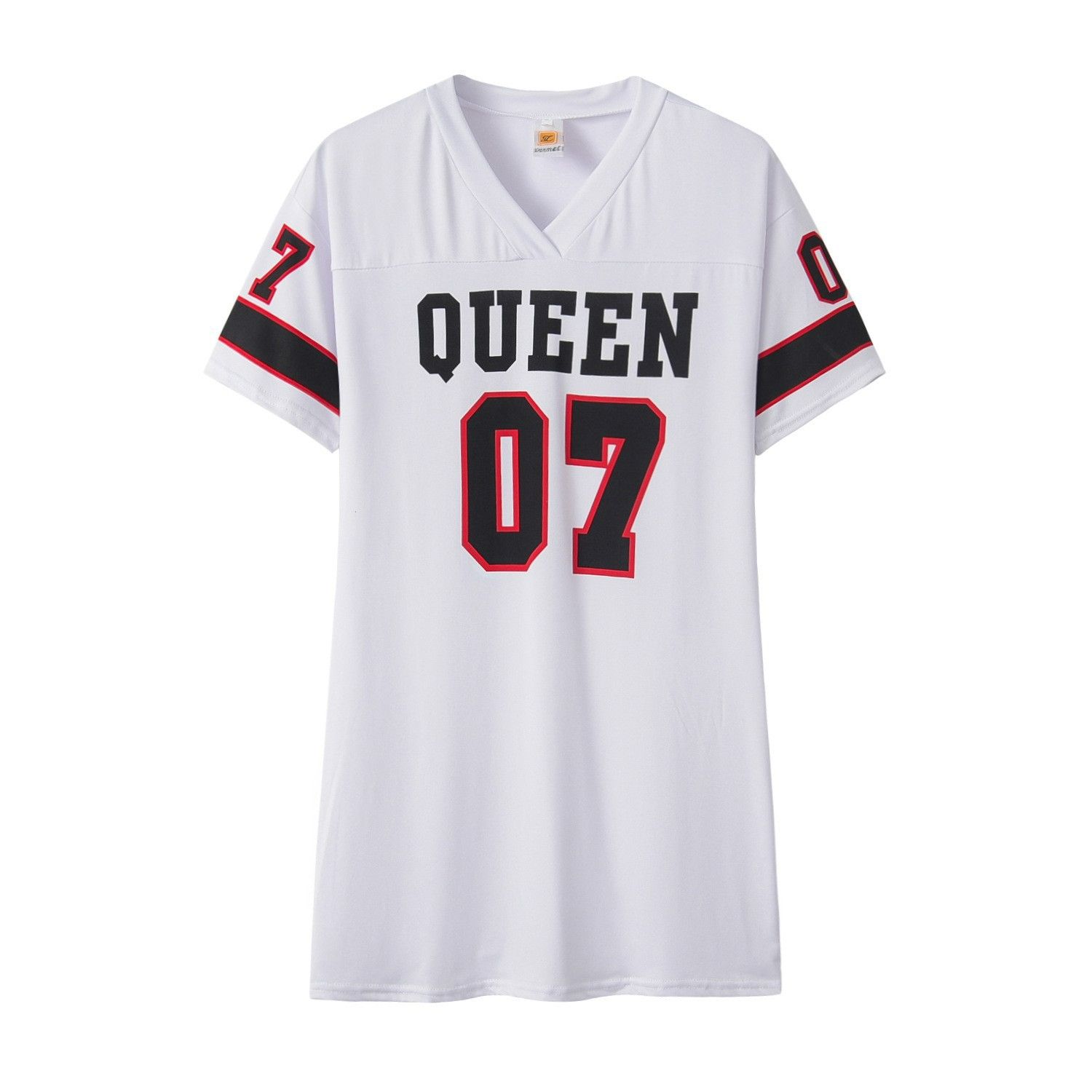 2024 New Fashion V-Neck Queen Letters Print Dress Short Sleeve Basketball Sporty Style  Loose Female Clothing Streetwear