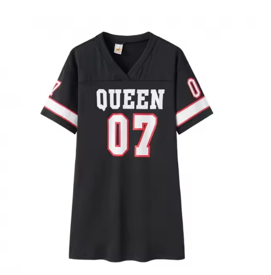 2024 New Fashion V-Neck Queen Letters Print Dress Short Sleeve Basketball Sporty Style  Loose Female Clothing Streetwear