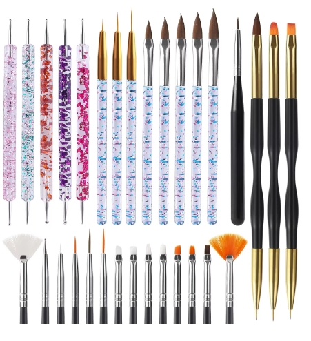 31Pcs Nail Art Brush Design Tip Painting Drawing Carving Dotting Pen FlatFan Liner Acrylic Gel UV Polish Manicure Tools