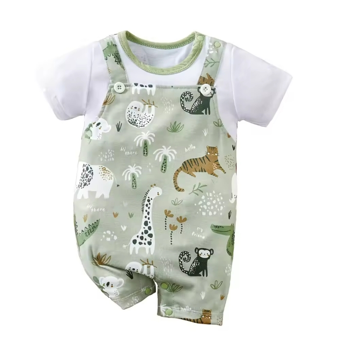 IURNXB Adorable Infant Zoo Animal Print Romper for Boy Newborn Baby Faux Two-Piece Bodysuit with Short Sleeves Casual Play Wear