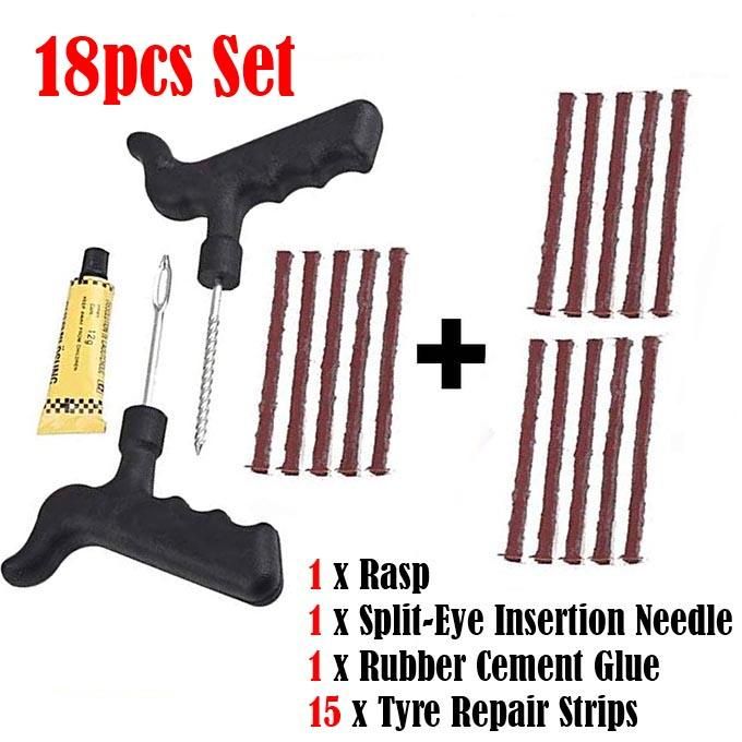 18pcs Wholesale Tubeless Tyre Puncture Repair Kit With 15 Strips for Motorcyles, Cars, Vans, Trucks, SUVs, Tractors Tire Repair Set Cars, Motorcycle Tyre Repair Kit