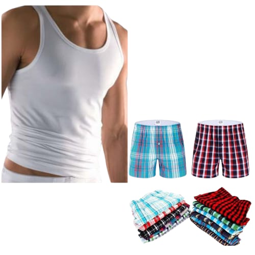 6 Pack - Pure Cotton 3 Men's Checked Boxers And 3 Men's White Vest.