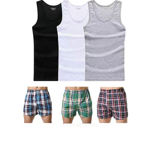 12 Pack Pure Cotton 6 Men's Checked Boxers And 6 Men's Colored (Black, White & Gray) Vest. 100% Cotton.