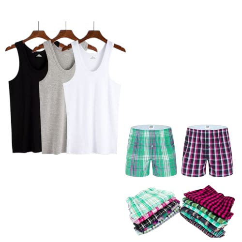 12 Pack Pure Cotton 6 Men's Checked Boxers And 6 Men's Colored (Black, White & Gray) Vest. 100% Cotton.