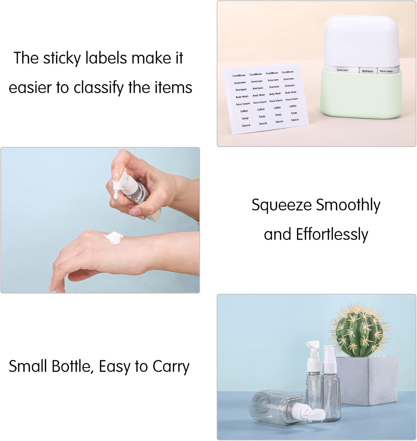 4 in1 50ml Travel Bottle set With Labels and Storage Box for Shampoo/Spray/ Lotion/ Sunscreen