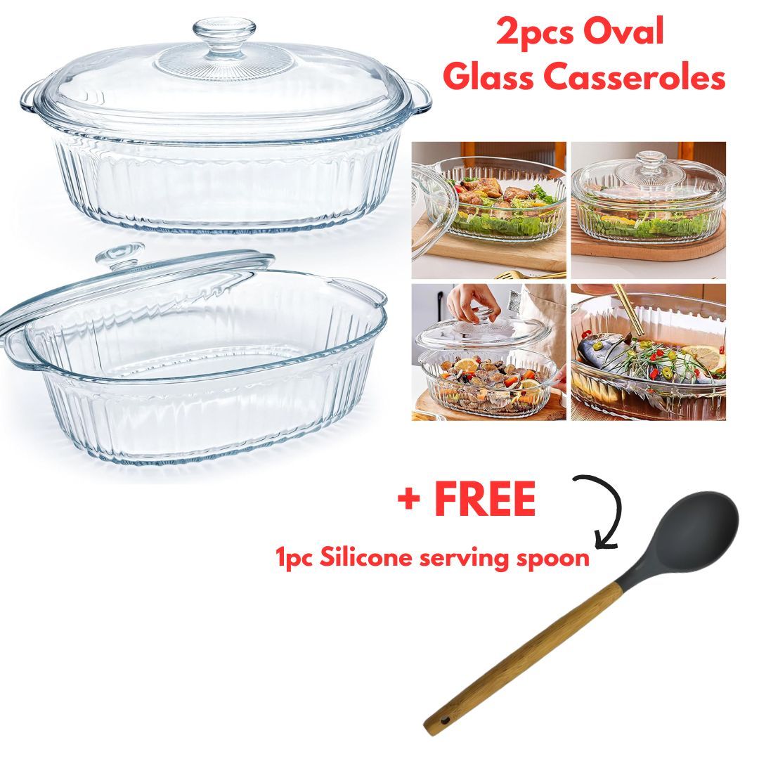 2pcs Glass Oval Casserole with Glass lids/1.8L & 2.8L Oven Glass Baking dishes + FREE 1pc Silicone Serving Spoon