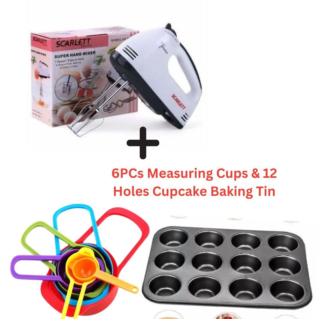 Scarlet 7Speed Hand Mixer + FREE Measuring Cups & 12 Holes Cupcake Baking Tin