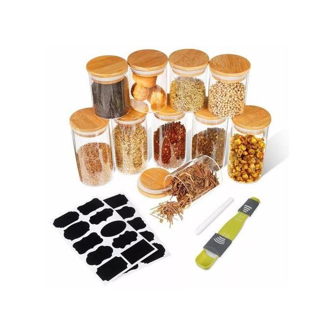 12PCs Glass Spice Container set with Bamboo Lids with Sticker Labels and Pen