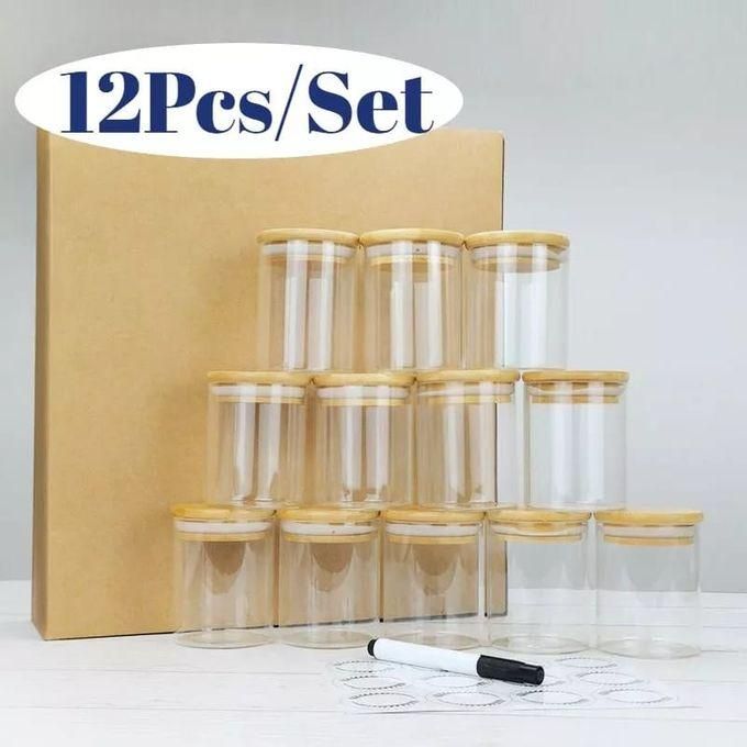 12PCs Glass Spice Container set with Bamboo Lids with Sticker Labels and Pen