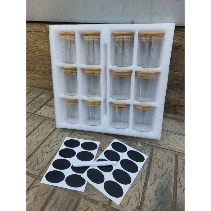 12PCs Glass Spice Container set with Bamboo Lids with Sticker Labels and Pen
