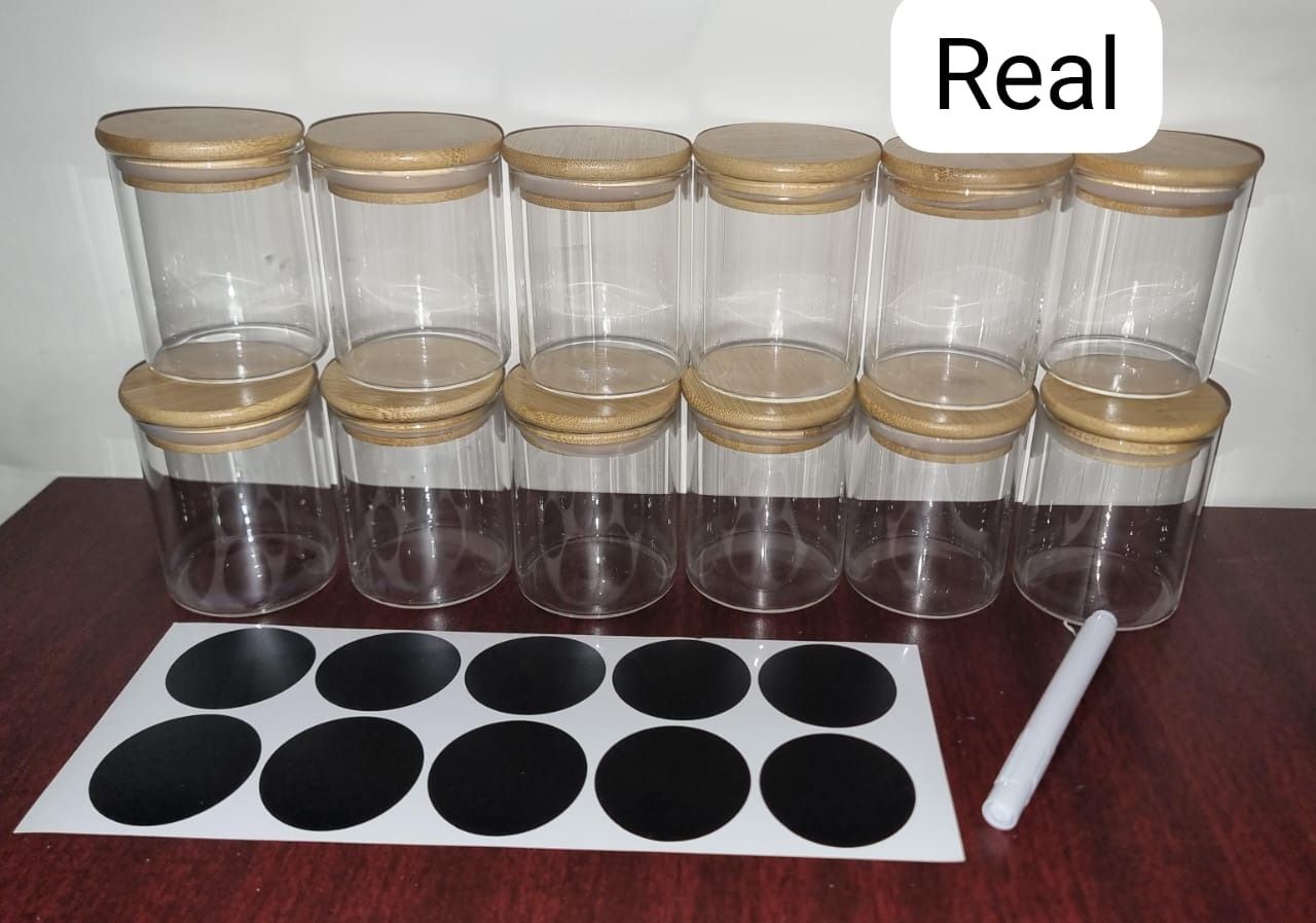 12PCs Glass Spice Container set with Bamboo Lids with Sticker Labels and Pen