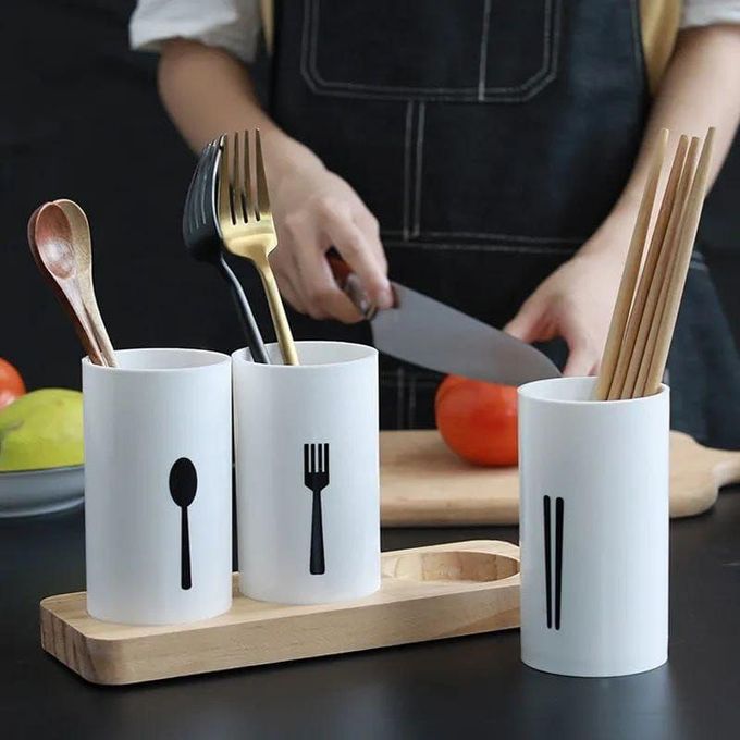 Multifunctional Cutlery Organizer with 3 Cylinders – Knife, Spoon & Fork Holder with Drainage (23.4×8.4×13 cm)