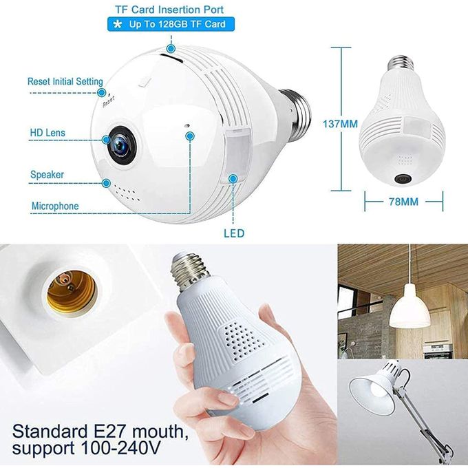 CALUS Smart Bulb 360° Security Camera, 2K 3MP 360 Degree Panoramic Indoor/Outdoor Wireless IP WiFi Camera For Baby/Pet/Nanny/Elder/Home, Color Night Vision, Motion Detection, Two Way Talk, E27 Light S