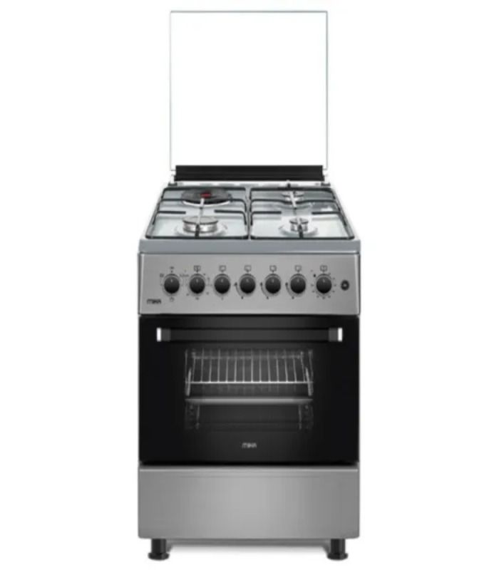 Mika Cooker, 58cm x 58cm, 3 Gas Pool Jet Burners + 1 RAPID Hot Plate, Button Ignition, 3 Function Electric Oven, Silver