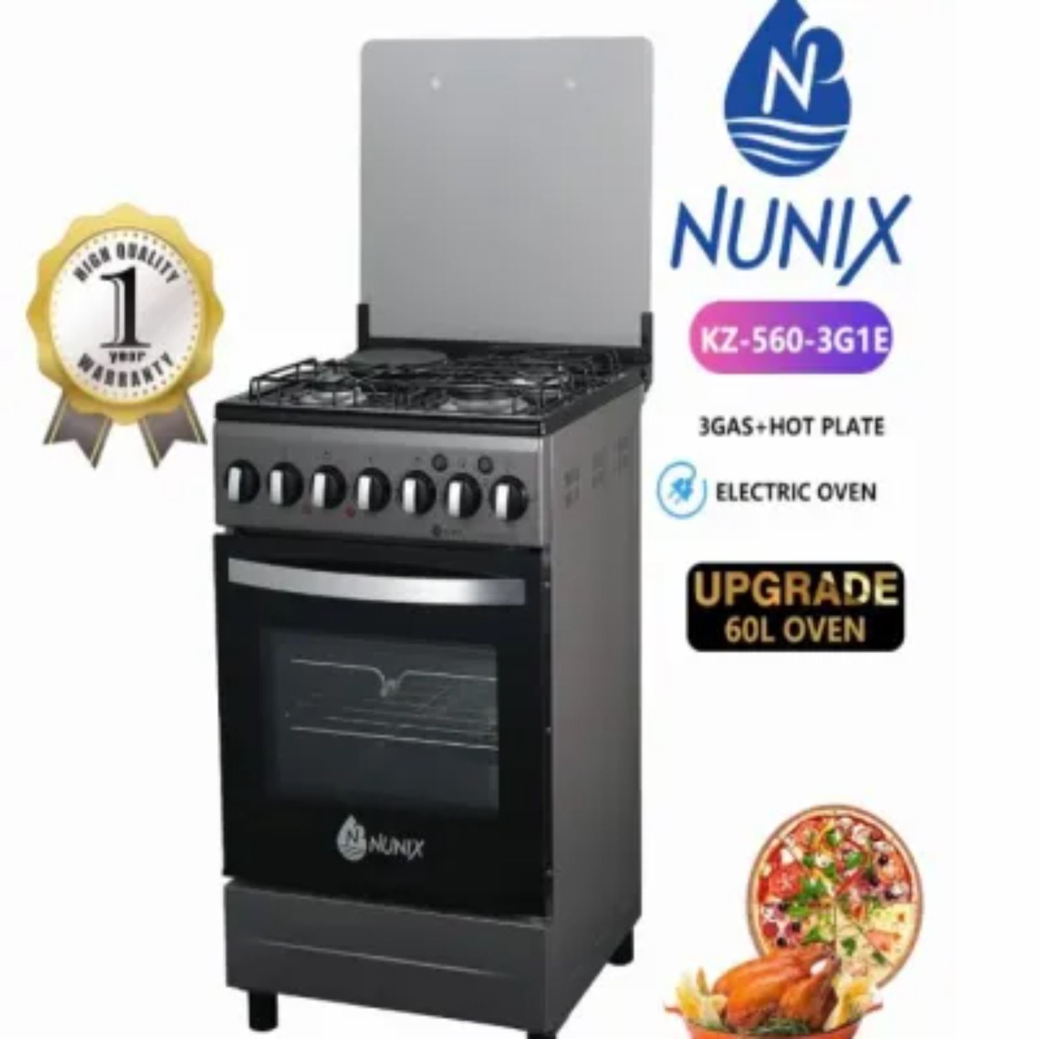 Nunix Cooker Free Standing 3 Gas Burners, 1 Hotplate, Electric Oven 50* 55*84cm