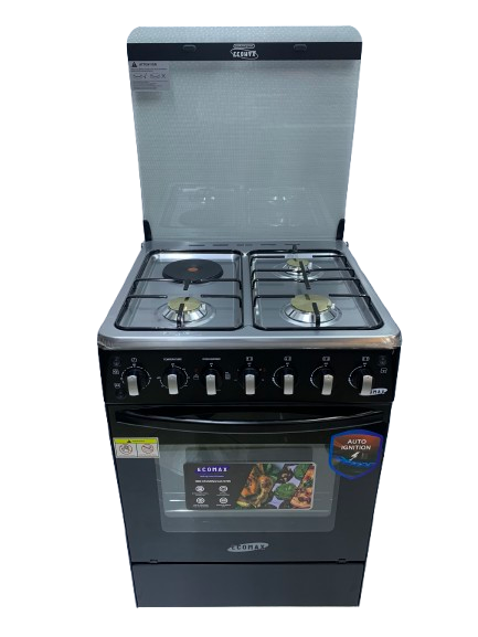 Ecomax Cooker 3 Gas Burners + 1 Hotplate With Electric Oven 60x60cm Black