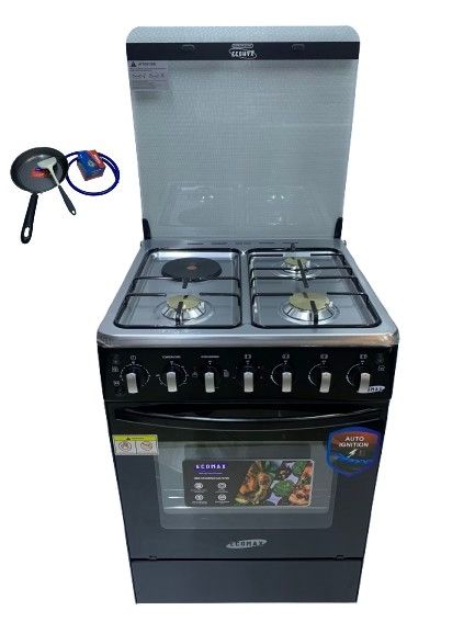 Ecomax Cooker 3 Gas Burners + 1 Hotplate With Electric Oven With Free Gifts 60x60cm Black