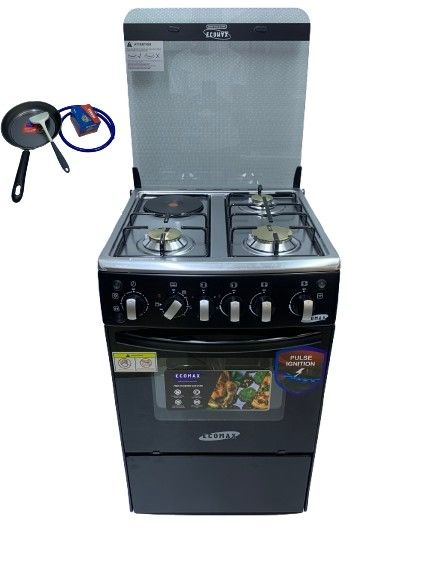 Ecomax Cooker 3 Gas Burners + 1 Hotplate With Electric Oven With Free Gifts  Black